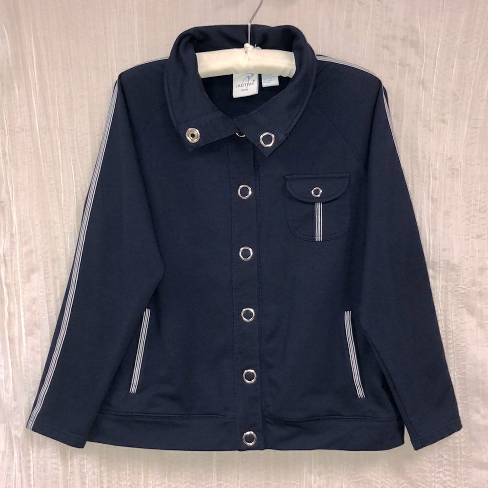 IActive PL Navy White Tripe Detail Snap Closure Mock Neck Athletic Jacket